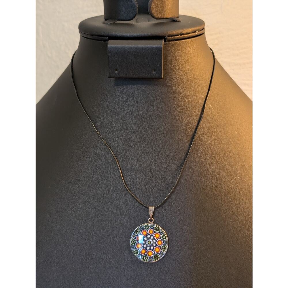 Vintage 16" Murano Art Glass Millefiori Pendant Necklace 925 Sterling